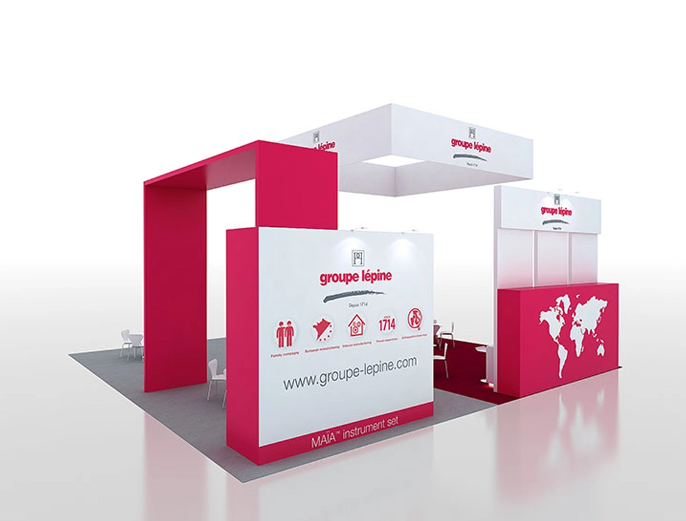 40x40 exhibit with modular product demo stations